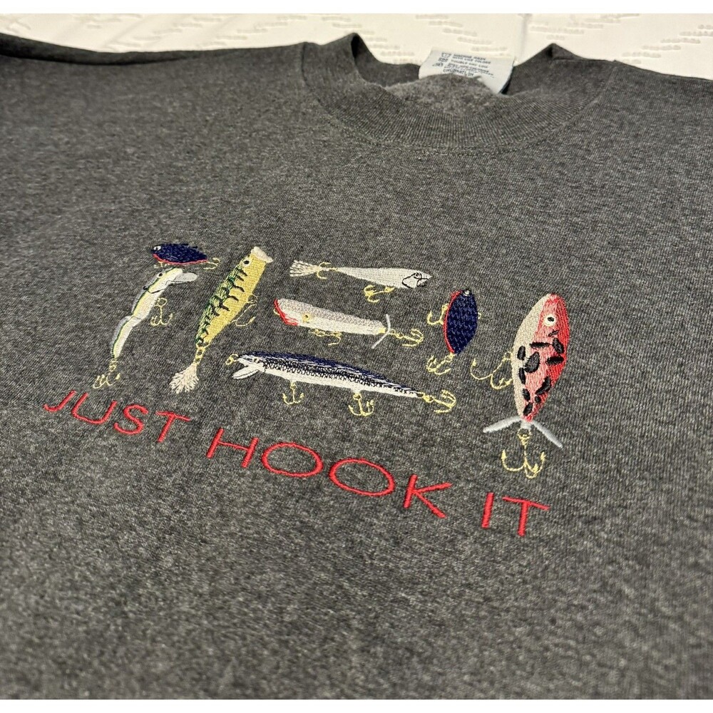 Vintage Fishing “Just Hook It” Men’s XL Grey Long Sleeve Sweatshirt Crewneck VTG
